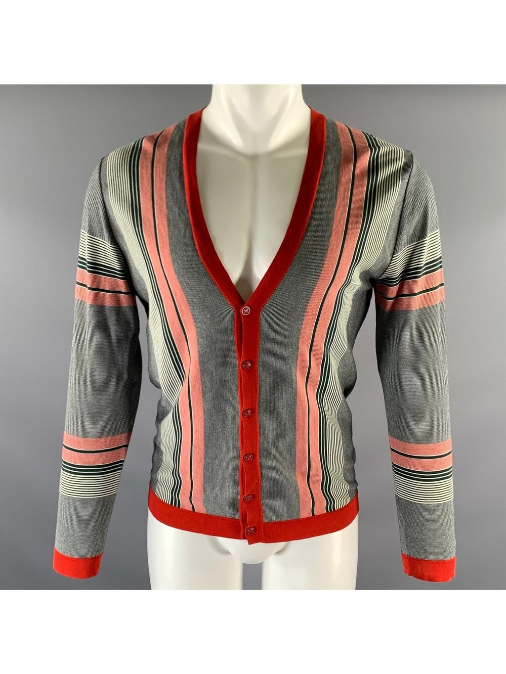 GUCCI Size S Red Green Navy Stripe V-Neck Cardigan